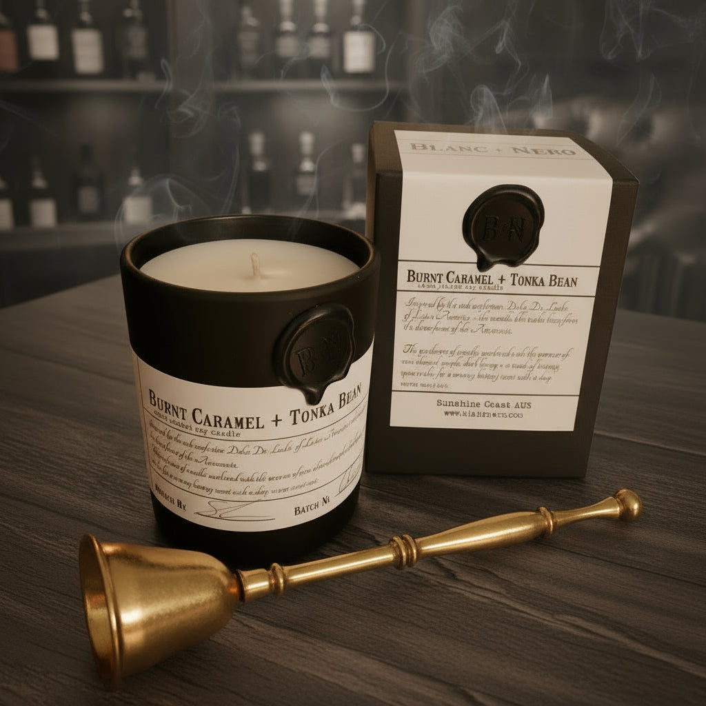 Burnt Caramel + Tonka Bean candle with packaging on a wooden surface