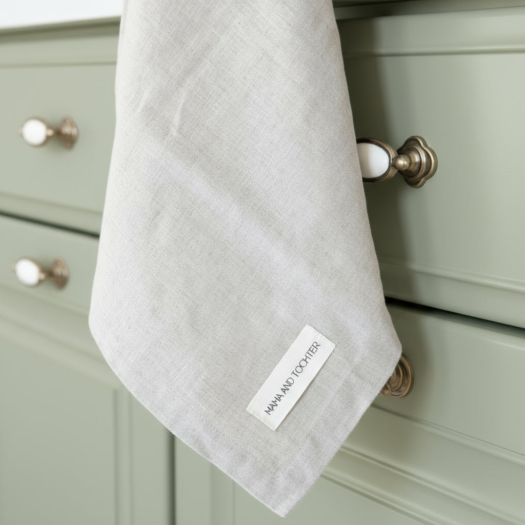 Gray kitchen towel hanging on a faucet with a Mama and Tochter label in a kitchen setting