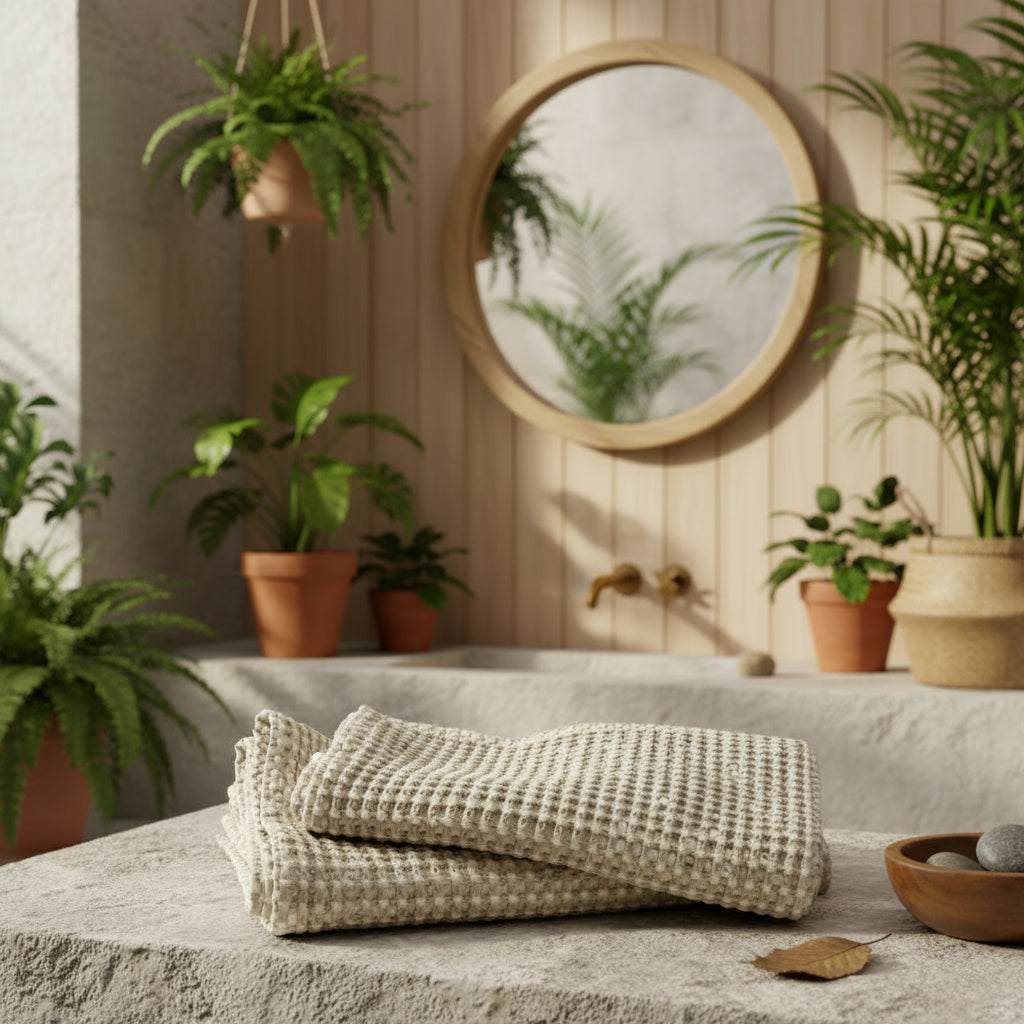 Folded beige textured face wash on a light gray background