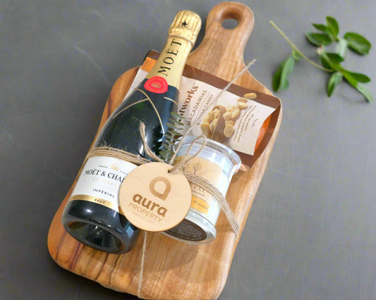 Gift Hamper Board with Champagne, Candle and Macadamias