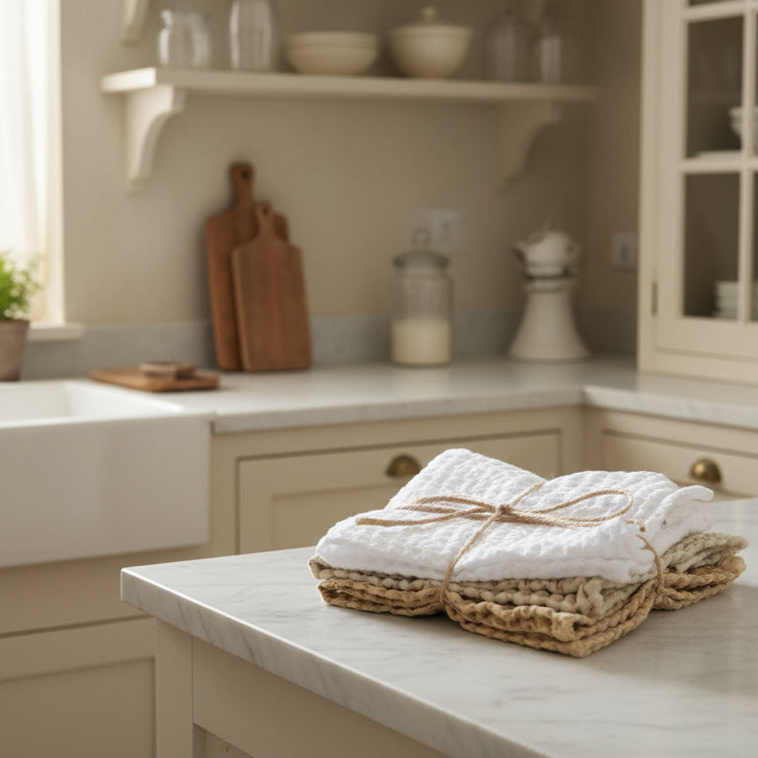 White towels wrapped with twine on a beige surface