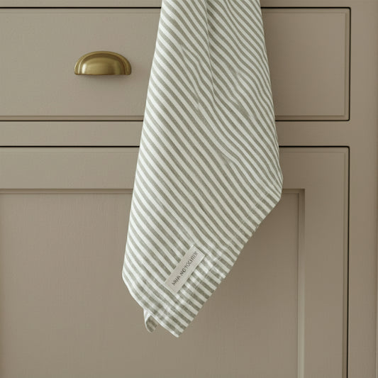 Pure French Flax Linen Tea Towel - Olive Pinstripe