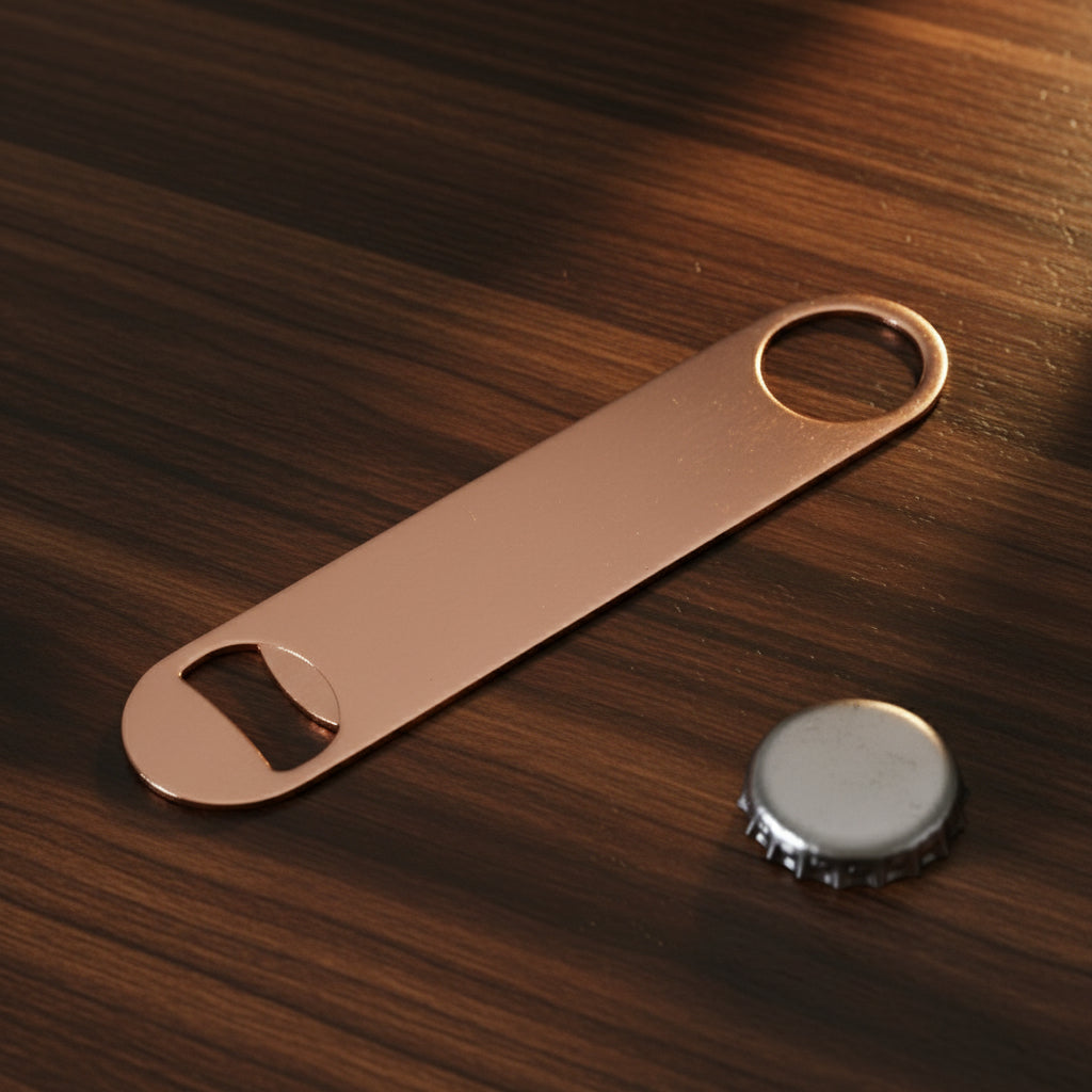 Copper bottle opener on a beige surface