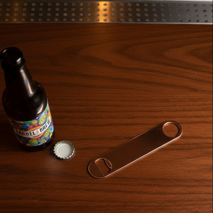 Beer bottle with colorful label, bottle cap, and metal bottle opener on a wooden surface.
