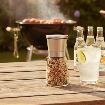Pepper grinder on a wooden table with a glass of lemonade and bottles in the background.