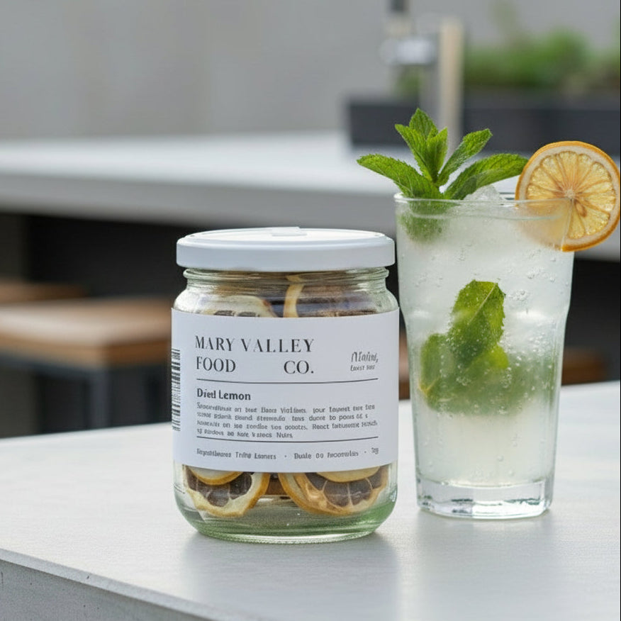 Jar of dried lemons with 'Mary Valley Food Co.' 