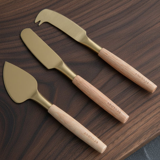 Three cheese knives with gold blades and wooden handles 