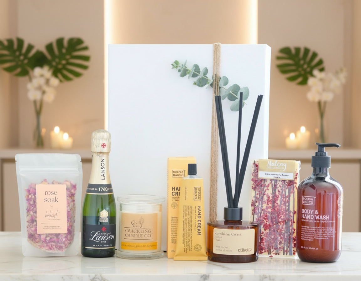 Collection of beauty and wellness products on a wooden surface with a neutral background