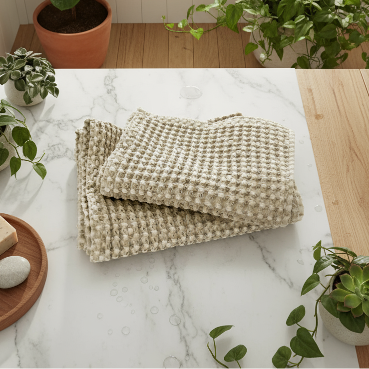 Folded beige textured blanket on a light gray background