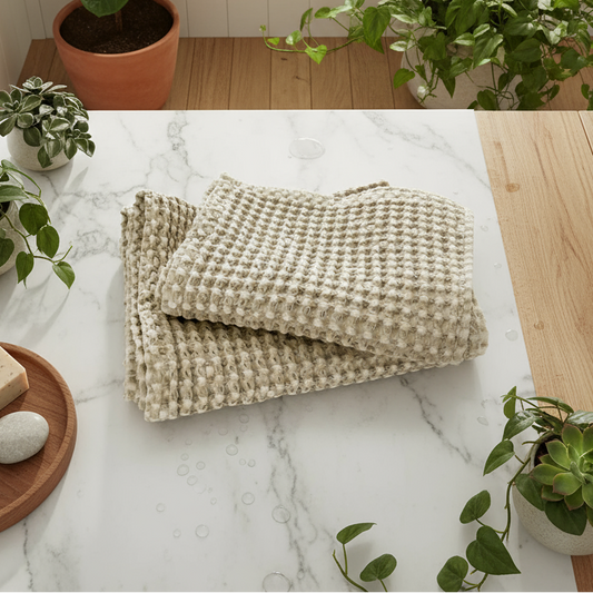 Folded beige textured blanket on a light gray background
