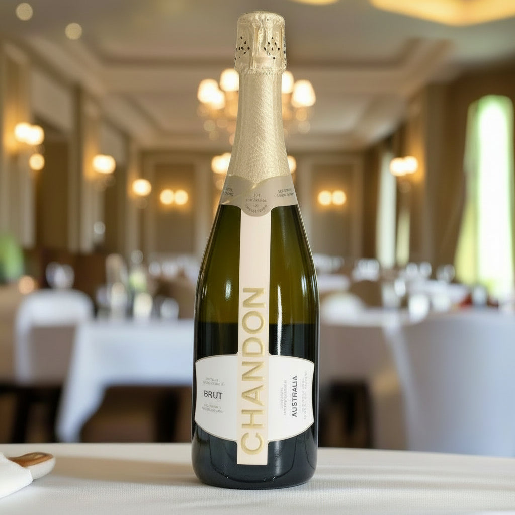 Chandon sparkling wine bottle on a table with a blurred restaurant interior in the background